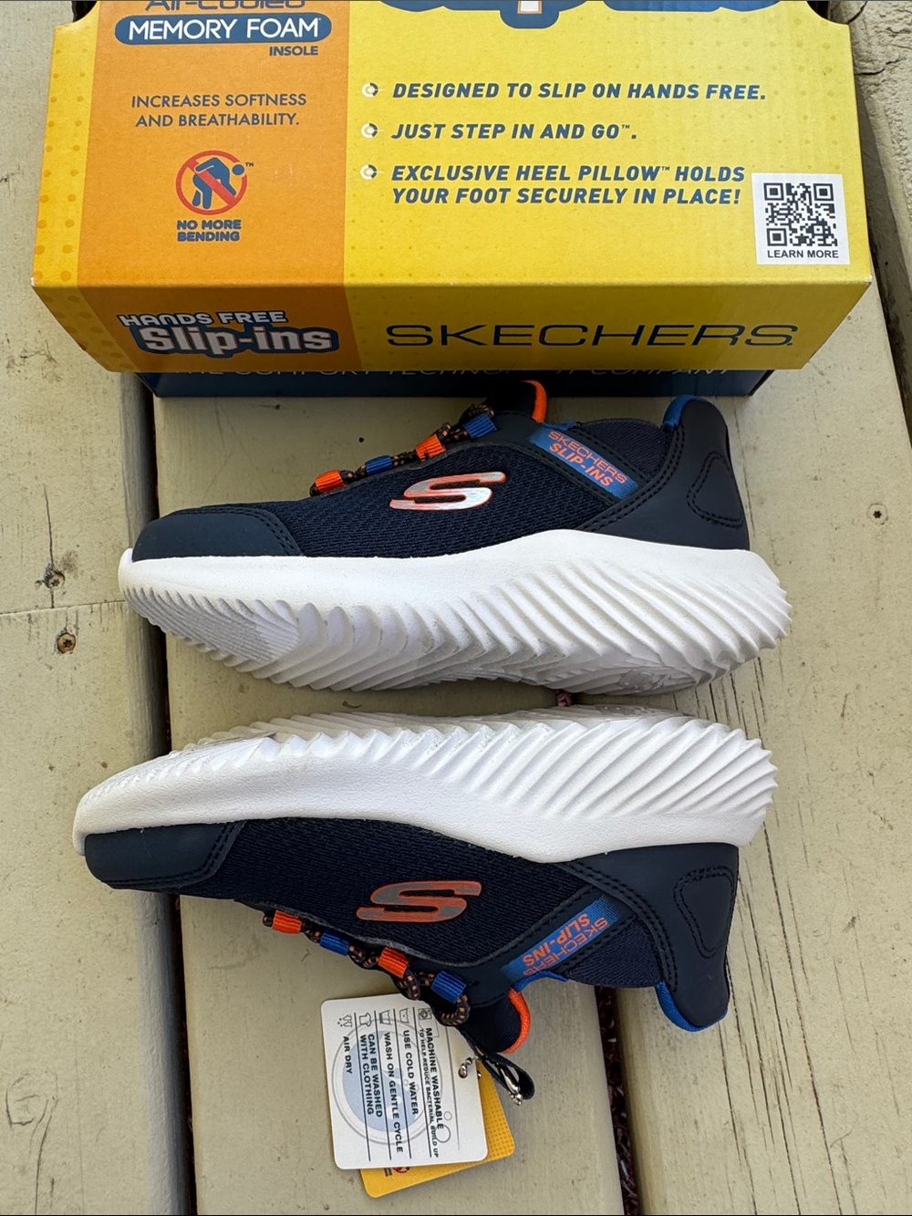 Skechers Kids Navy Slip-On Sneakers with Orange and Blue Accents - Picture 6 of 6